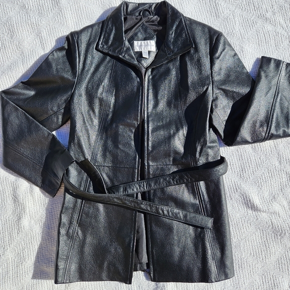 Worthington Womens Leather Black Jacket Full Zip Tie for Waist Coat Medium - Picture 1 of 17